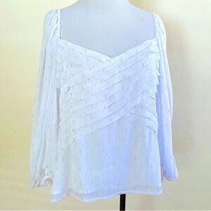 Express Metallic Blouse Top White Pleated Front Balloon Sleeve Large